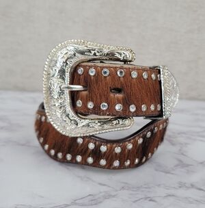 Ranger Brown Pony Calf Hair Leather Western Belt with Silver Buckle Rhinestones